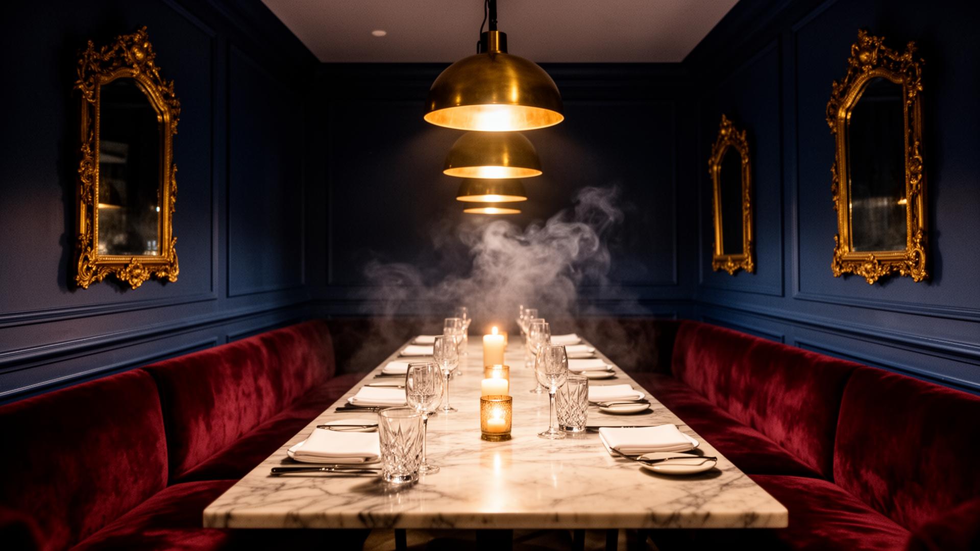 Candlelit dining room with marble table and brass pendants